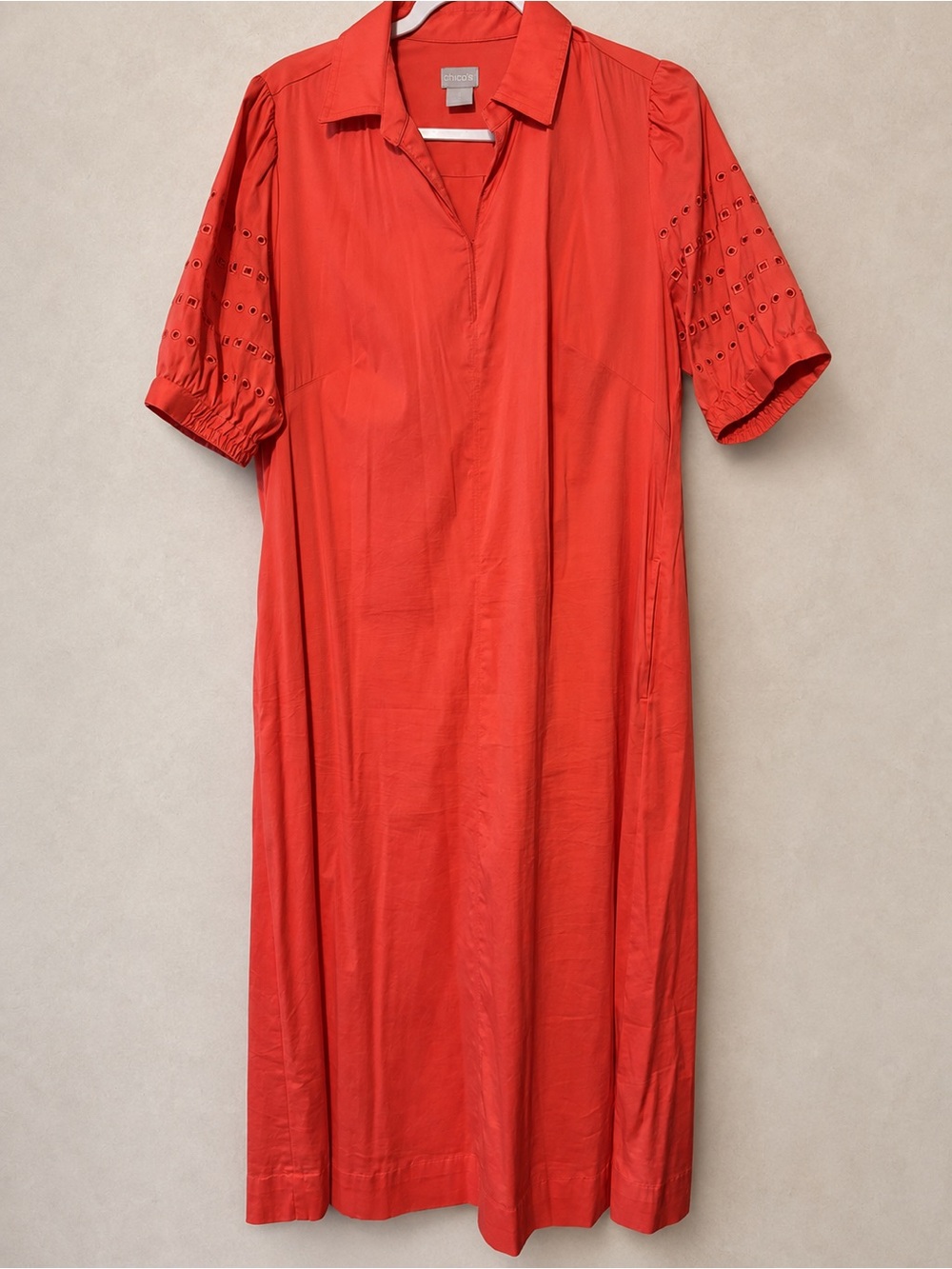 Chico's coral Eyelet-Sleeve Midi Shirt Dress
